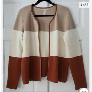 Banana Republic Colorblock Leather Trim Open Cardigan Sweater Tan Cream